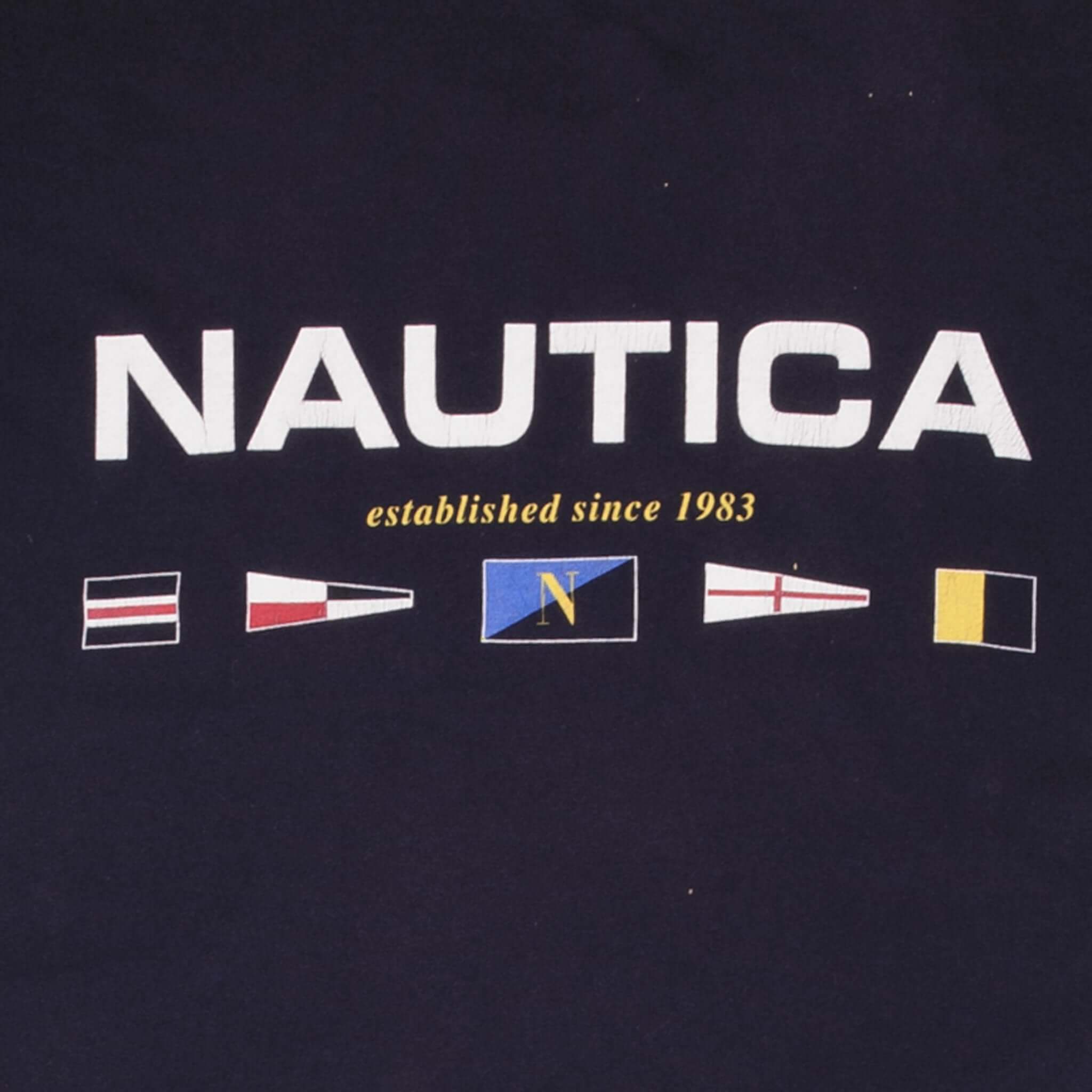 Vintage Nautica Spellout Blue Tee Shirt 1990S Size Medium Made In Usa