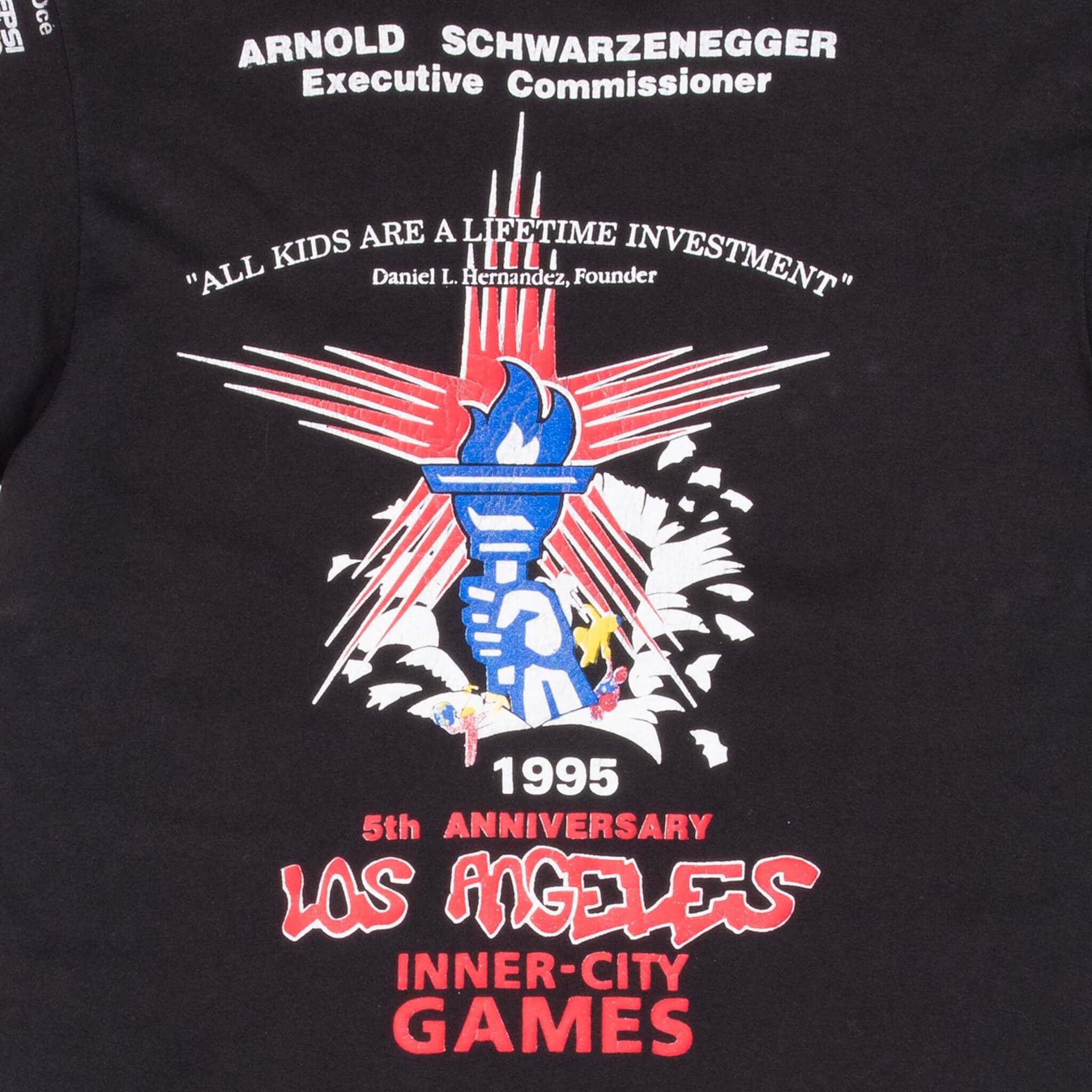 Vintage Nike Play Los Angeles Inner City Games 1995 Arnold Schwarzenegger Black Tee Shirt Size Medium With Single Stitch Sleeves