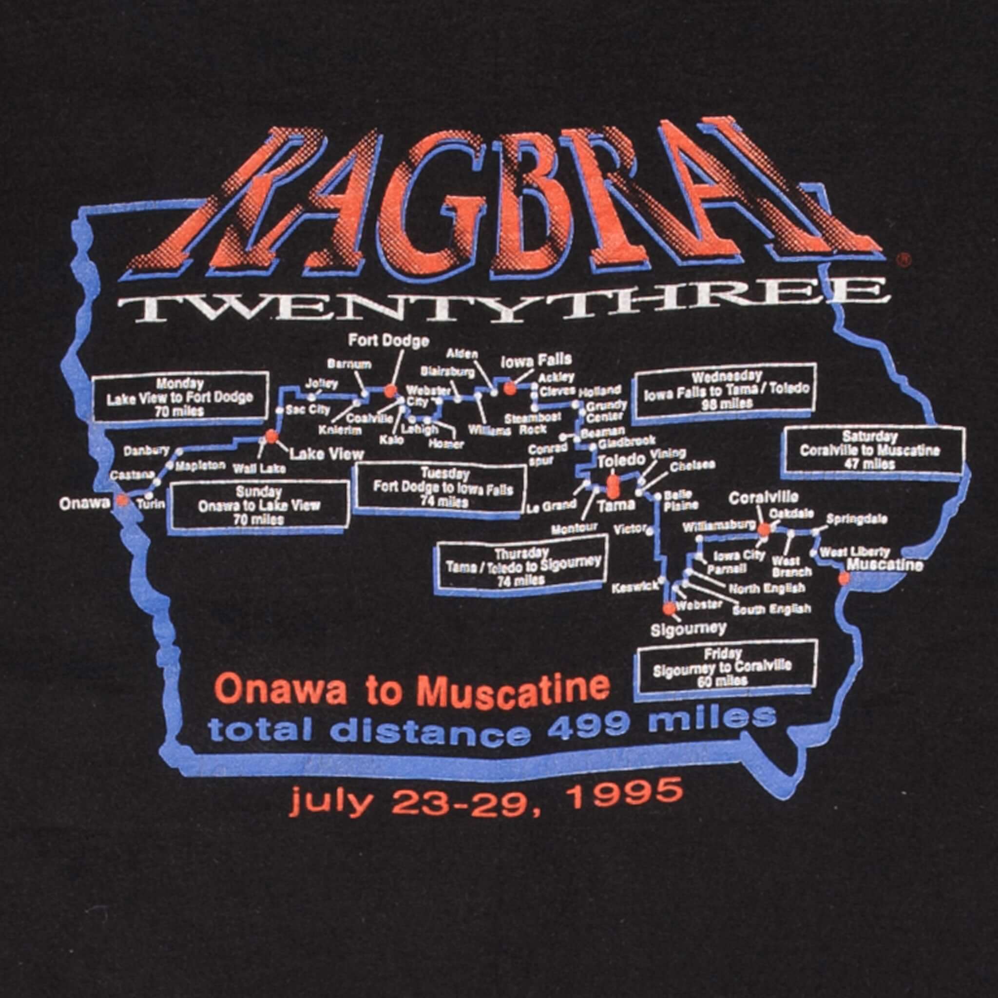 Vintage Rag Brai 23 Onawa To Muscatine 1995 Cycling Tee Shirt Size XL Made In Usa With Single Stitch Sleeves