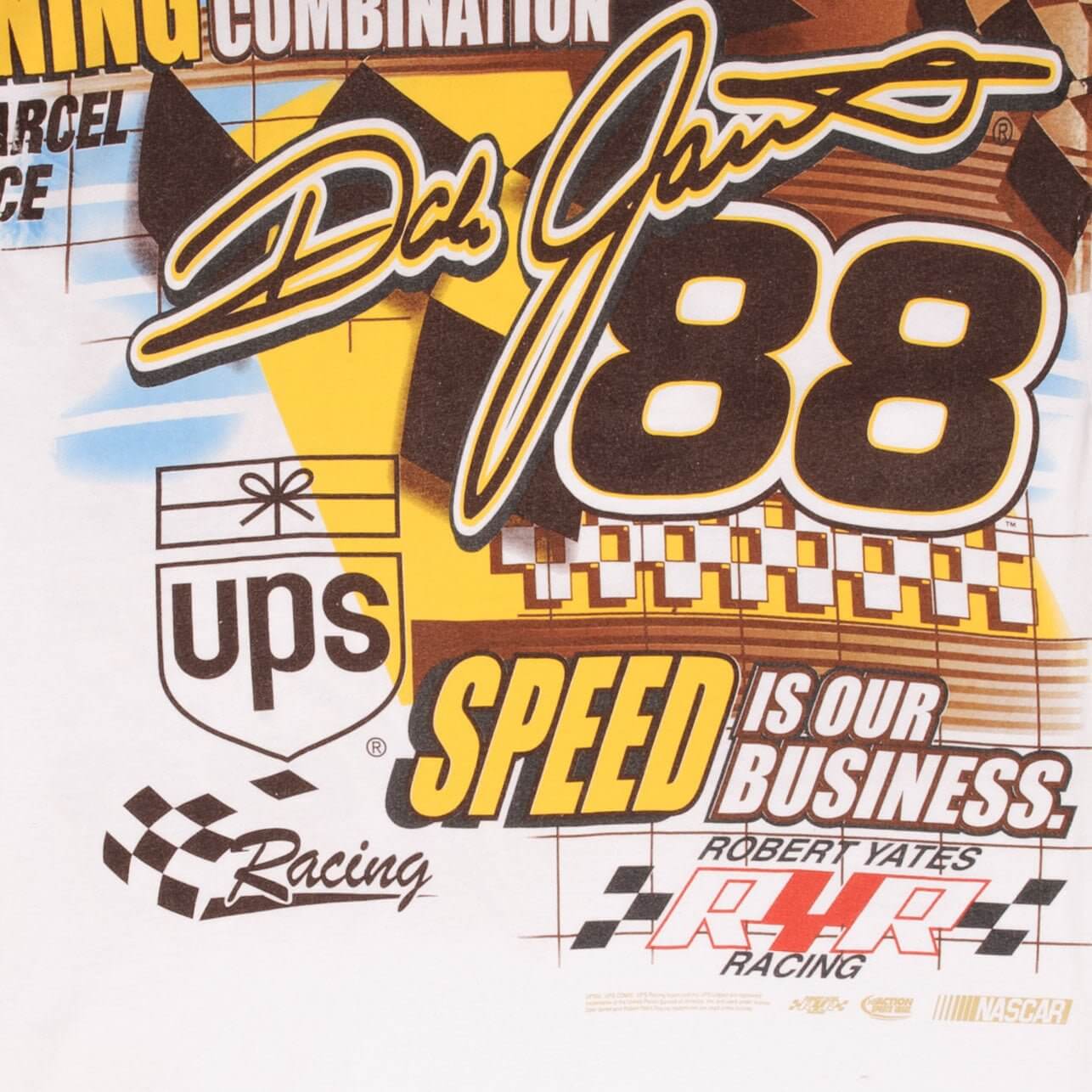 Vintage Nascar Dale Jarret Ups #88 Special Delivery All Over Print Early 2000S Tee Shirt Size Large