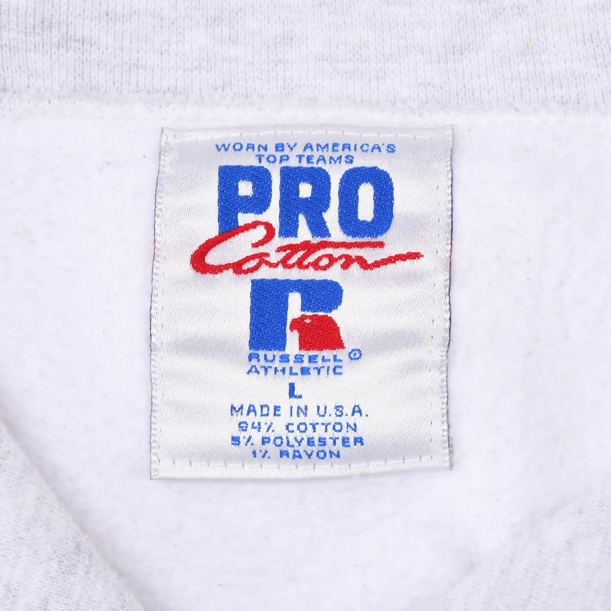 Russell Athletic Pro Cotton neck tag marked size L and made in USA