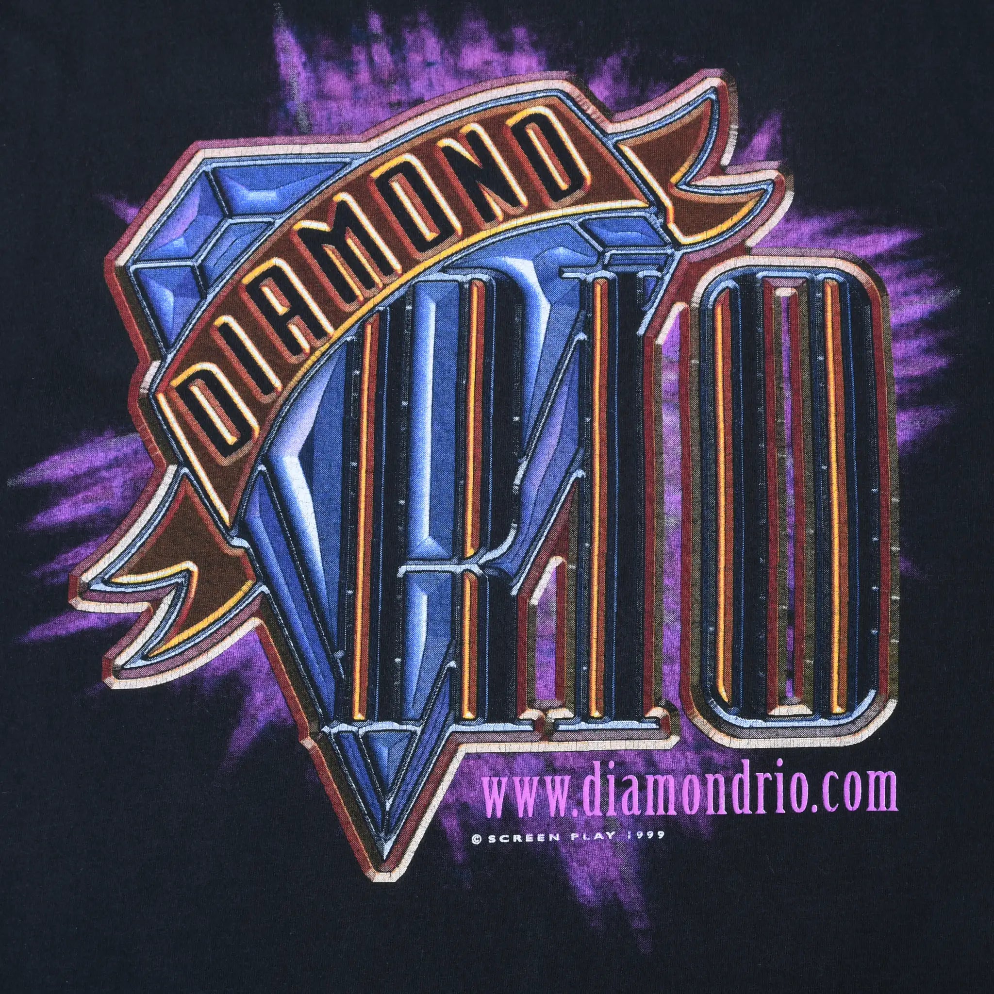 Close-up of colorful Diamond Rio logo and website back print