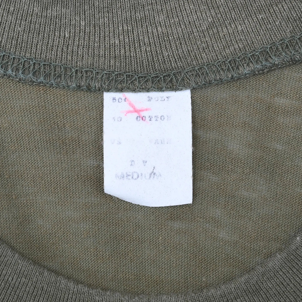 Close-up of faded interior neck tag and collar stitching on olive green T-shirt
