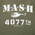 Close-up of white M*A*S*H 4077th helicopter graphic on olive green fabric