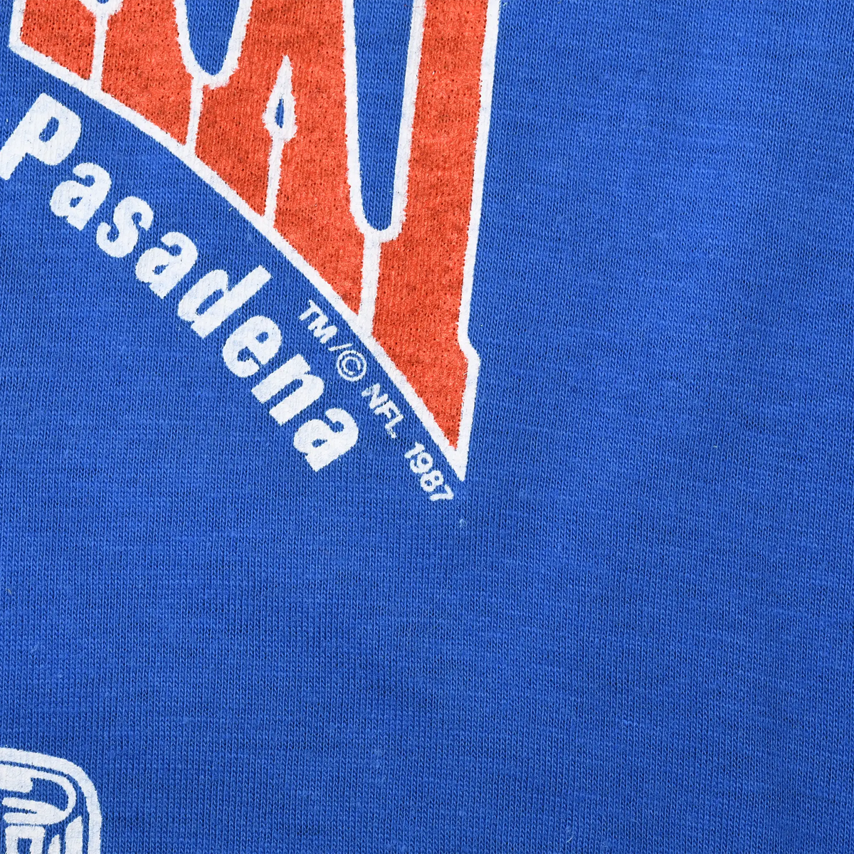 Close-up of Pasadena and TM © NFL 1987 text beside the Super Bowl XXI print