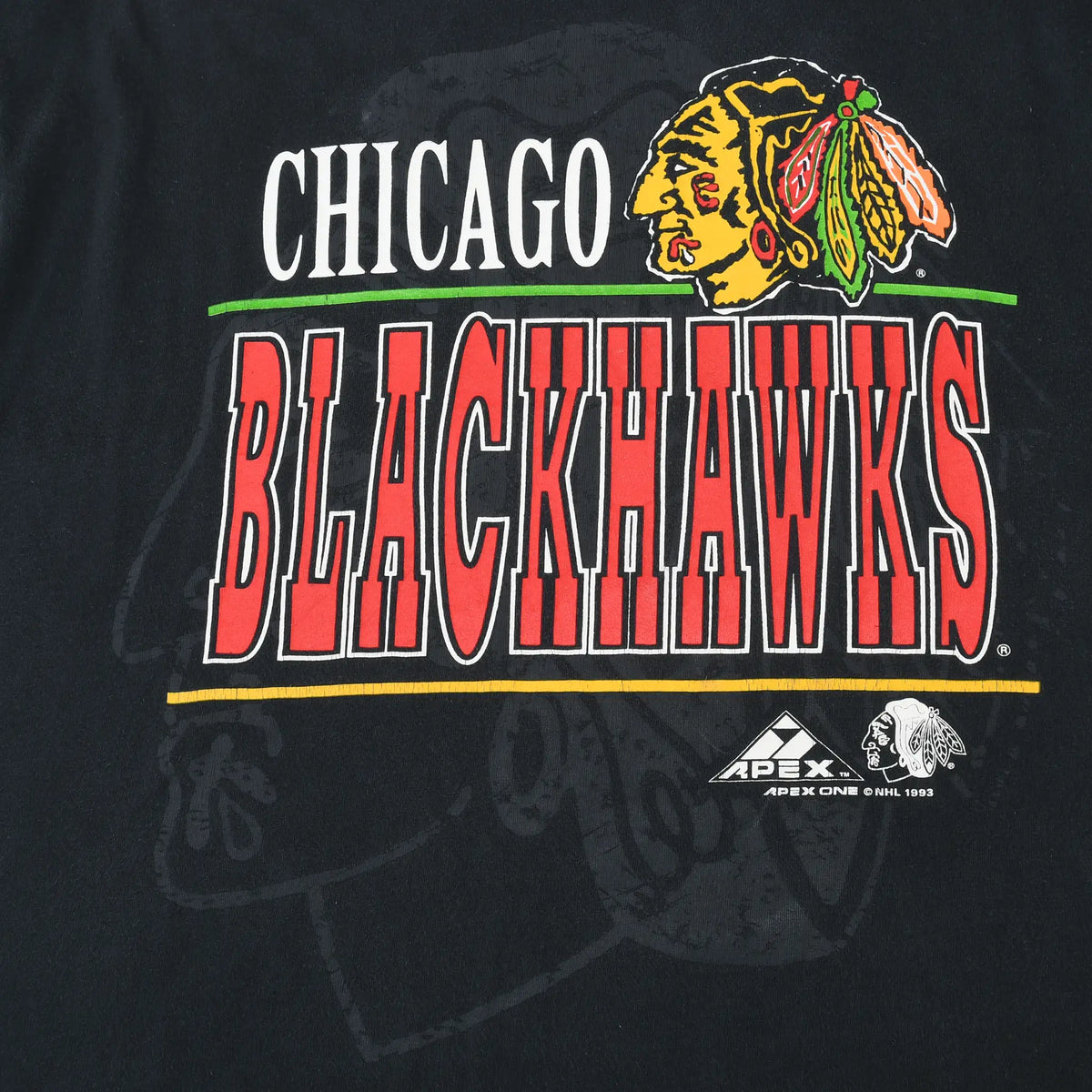 Close-up of front Chicago Blackhawks print with red lettering, team logo and Apex One branding