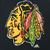Close-up of multicolor Chicago Blackhawks team logo and Apex mark on back of black T-shirt