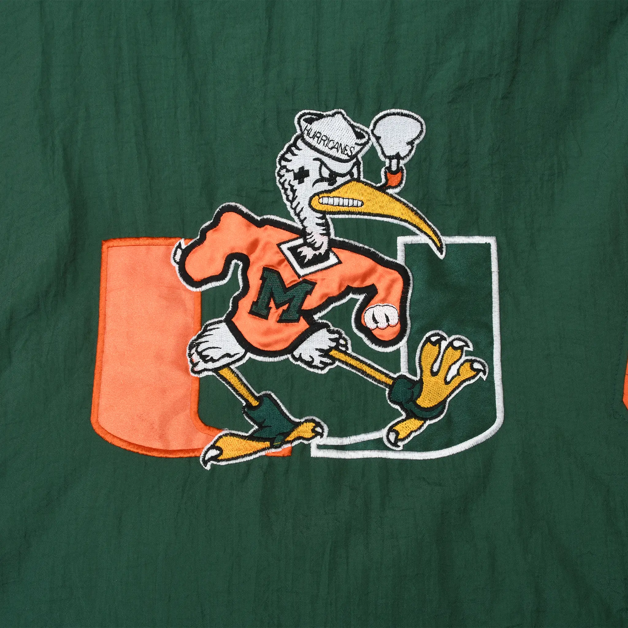 Close-up of Miami Hurricanes Sebastian the Ibis back graphic