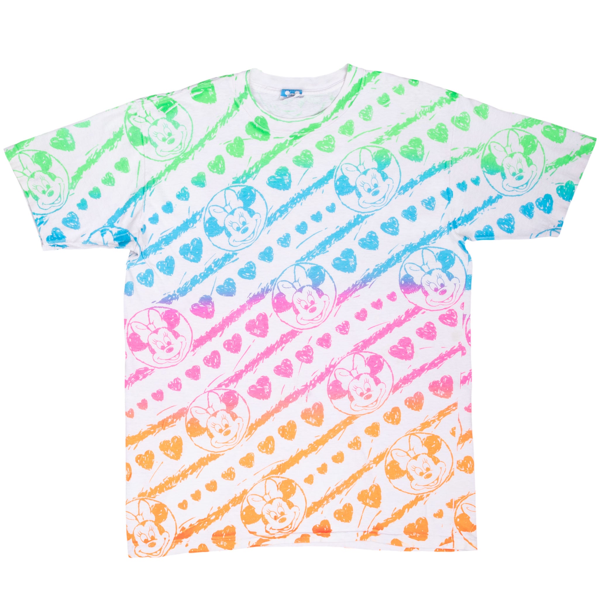 Vintage Rainbow All Over Print Mickey Minnie Mouse Tee Shirt 1990S Size Large Made In USA With Single Stitch Sleeves