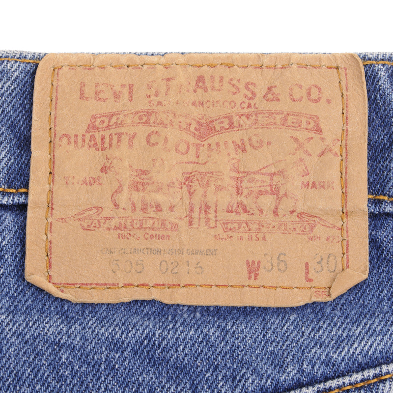 Beautiful Indigo Levis 505 Jeans Made in USA with Medium Light wash With Some light Whiskers.  Size on Tag 36X30 Actual Size 35X30 Back Button #532