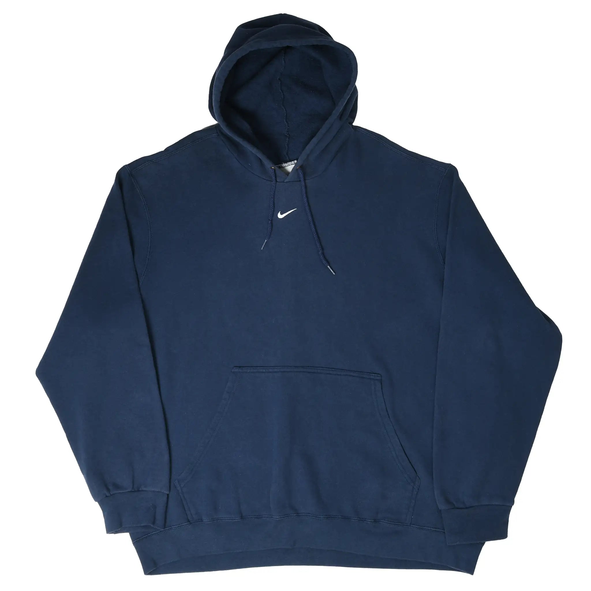 Front of navy blue Nike hoodie showing center Swoosh, drawstring hood, and kangaroo pocket