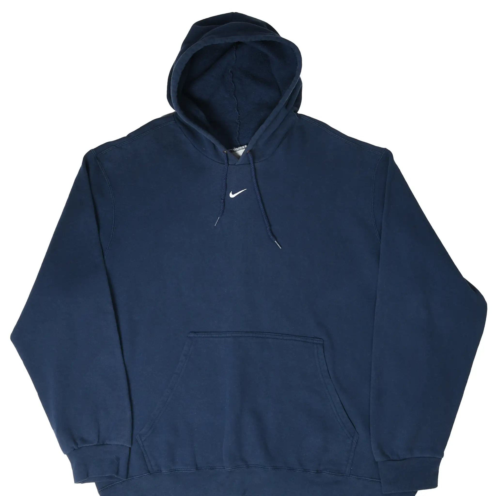 Front of navy blue Nike pullover hoodie with white center Swoosh and kangaroo pocket