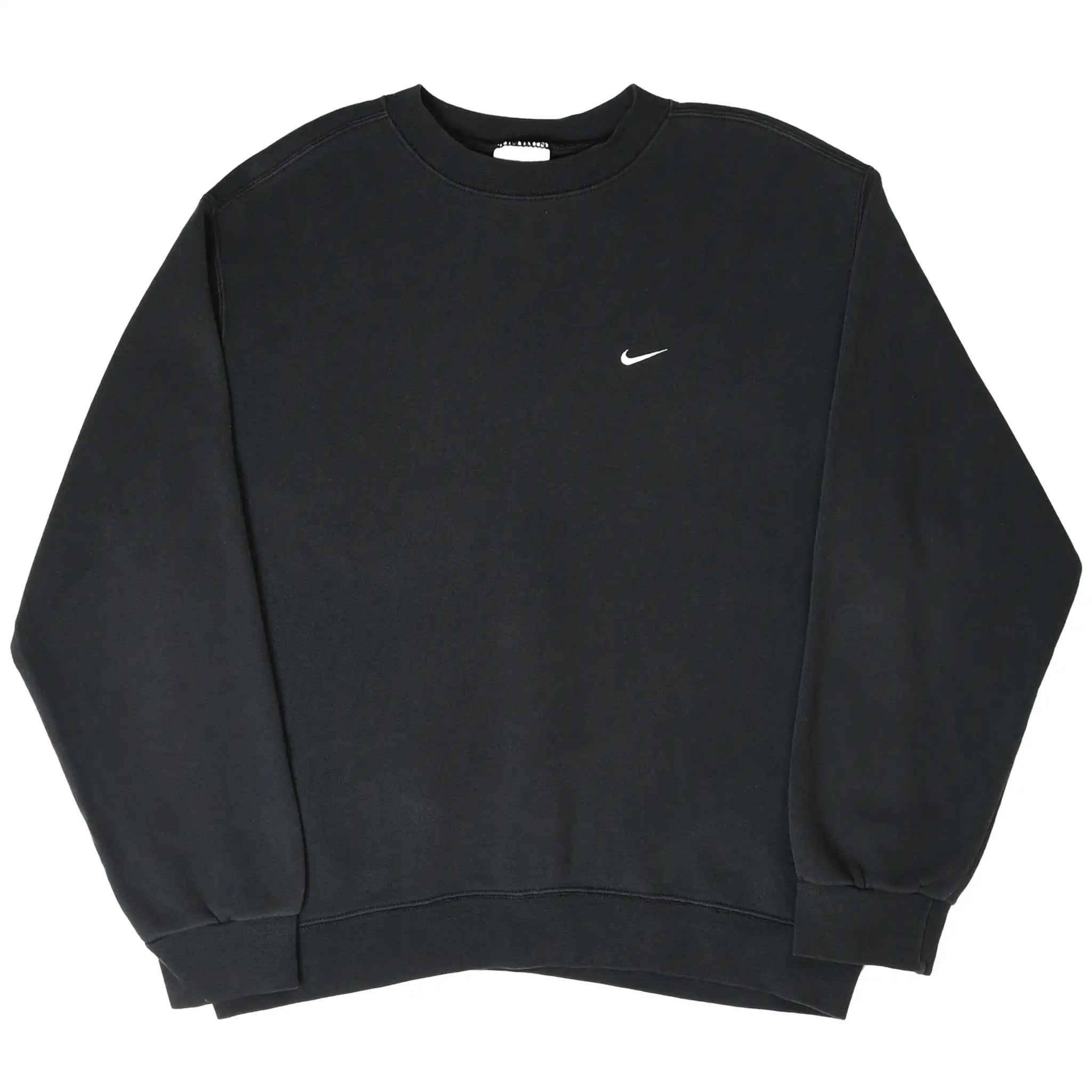 Full front view of black Nike sweatshirt with white Swoosh embroidery