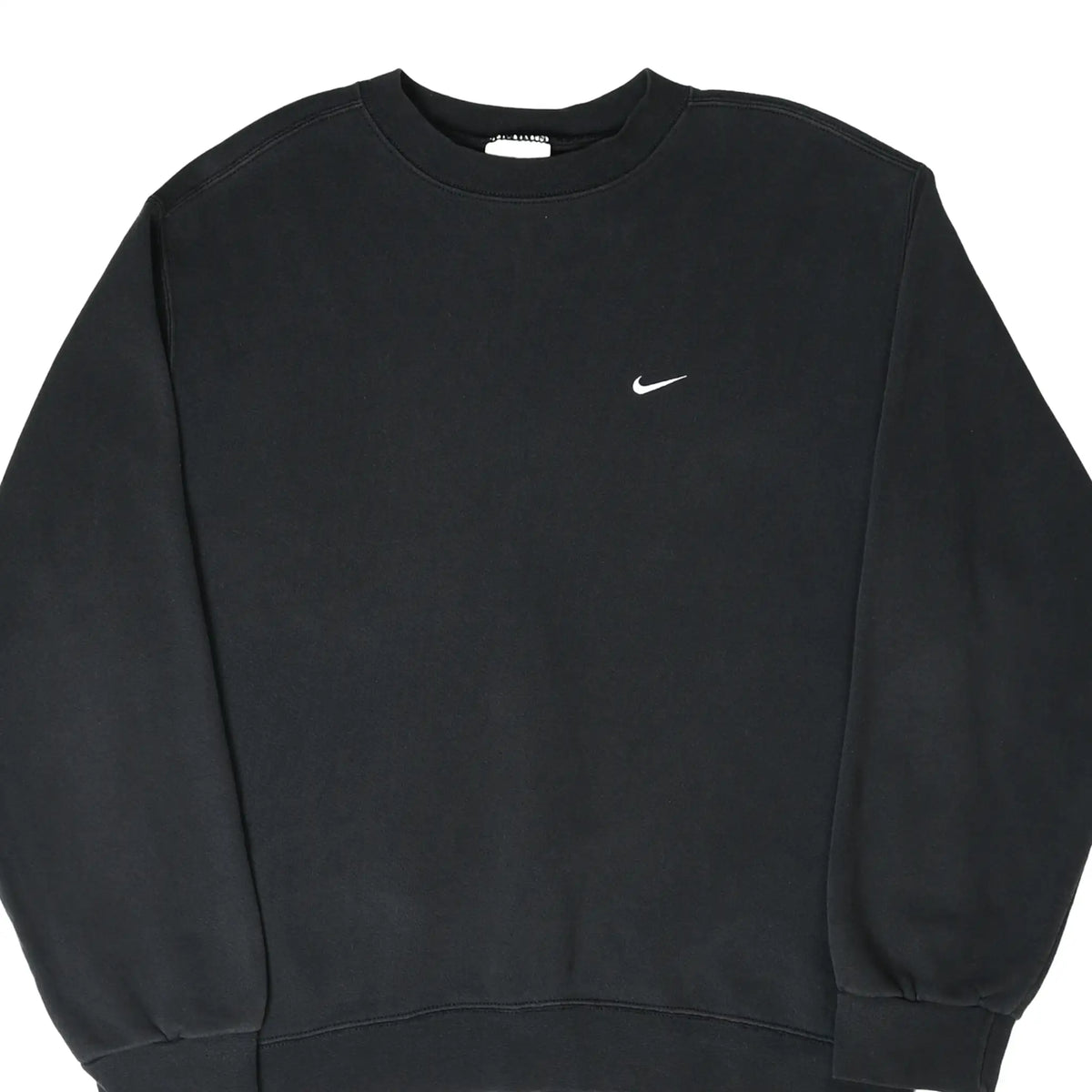 Front of black Nike crewneck sweatshirt with small white Swoosh embroidery