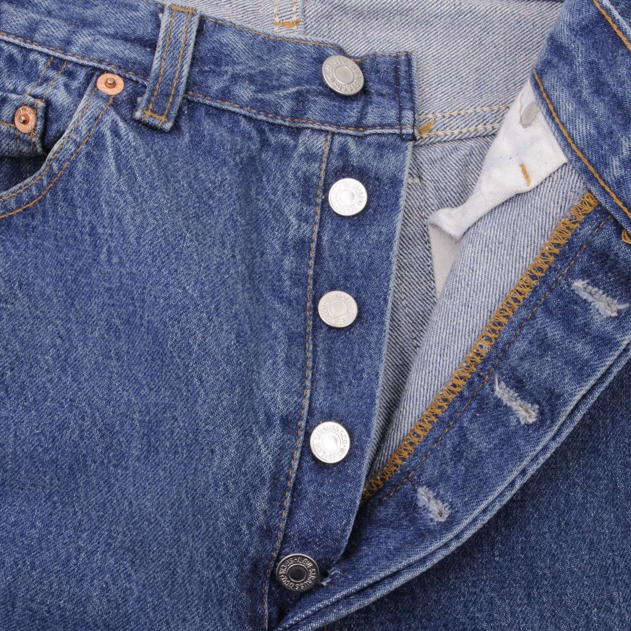 Beautiful Indigo Levis 501 Jeans 1980s Made in USA with Medium Dark Wash   Size on tag 33X36 Actual Size 32X35 Back Button #501