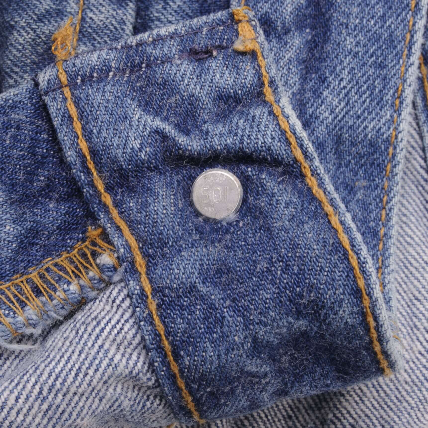 Beautiful Indigo Levis 501 Jeans 1980s Made in USA with Medium Dark Wash   Size on tag 33X36 Actual Size 32X35 Back Button #501