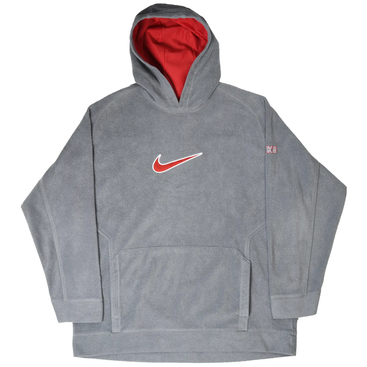 Front of grey Nike fleece hoodie with red hood lining and red and white embroidered logos