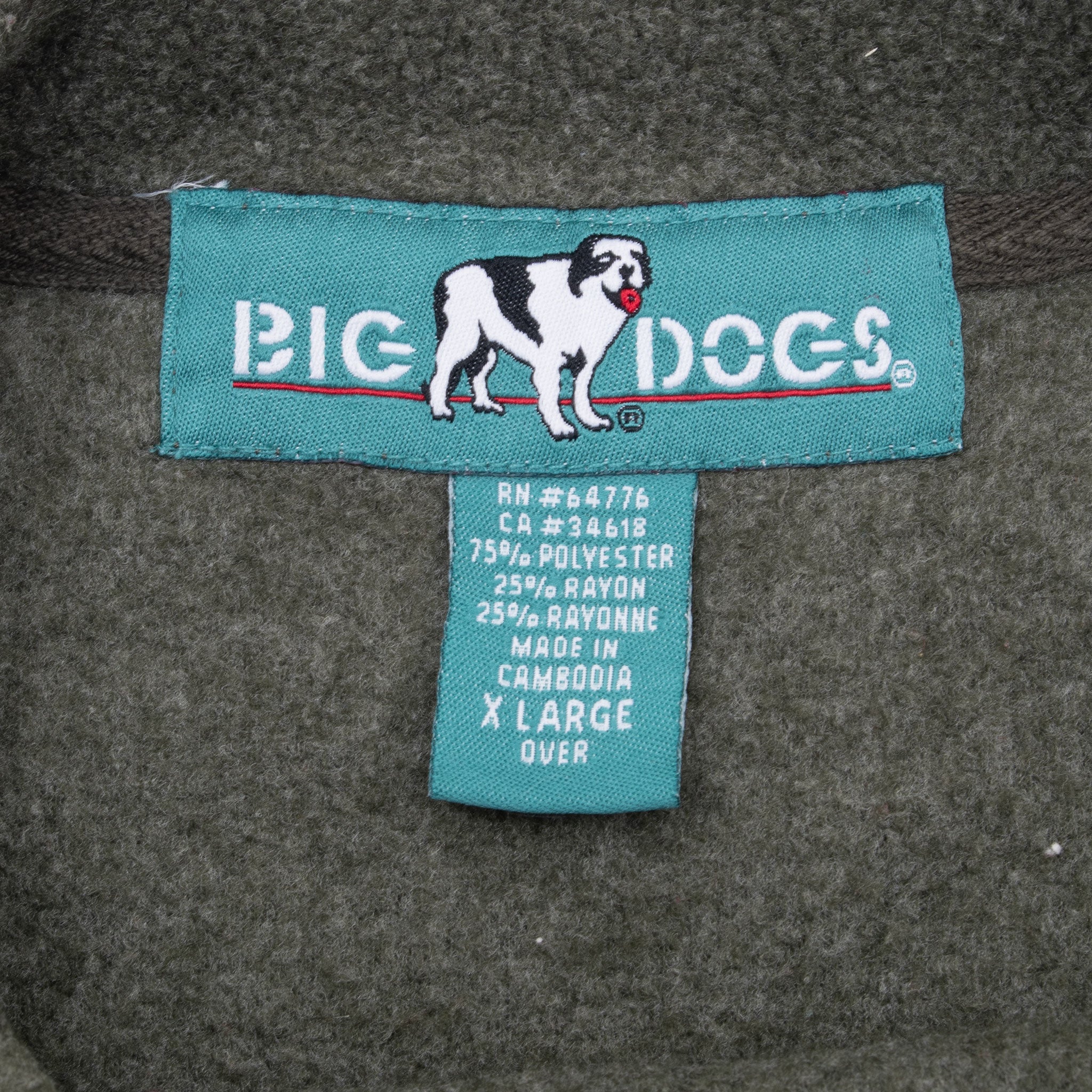 Vintage Big Dogs Embroidered Green Fleece Sweatshirt 1990S Size XL