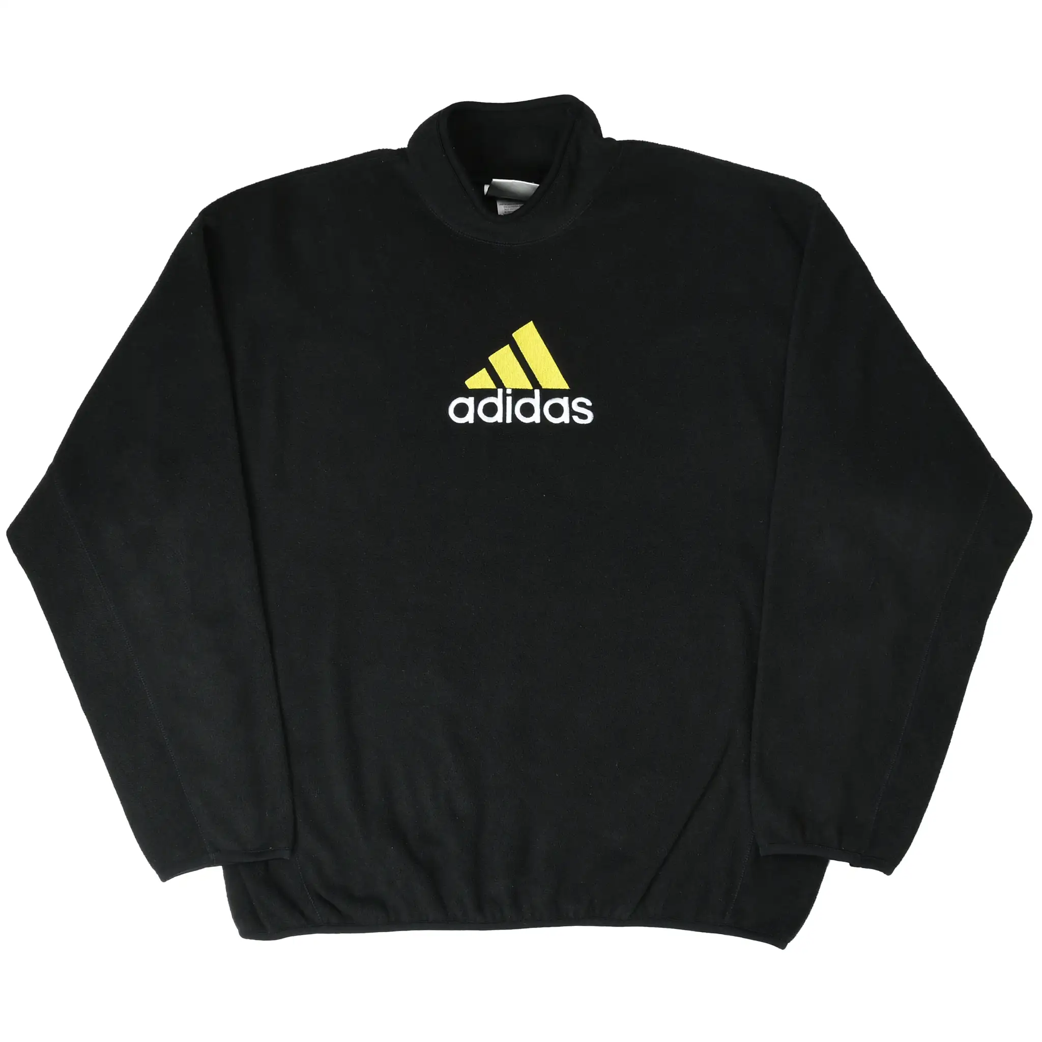 Full front view of black adidas fleece turtleneck sweatshirt with centered chest logo