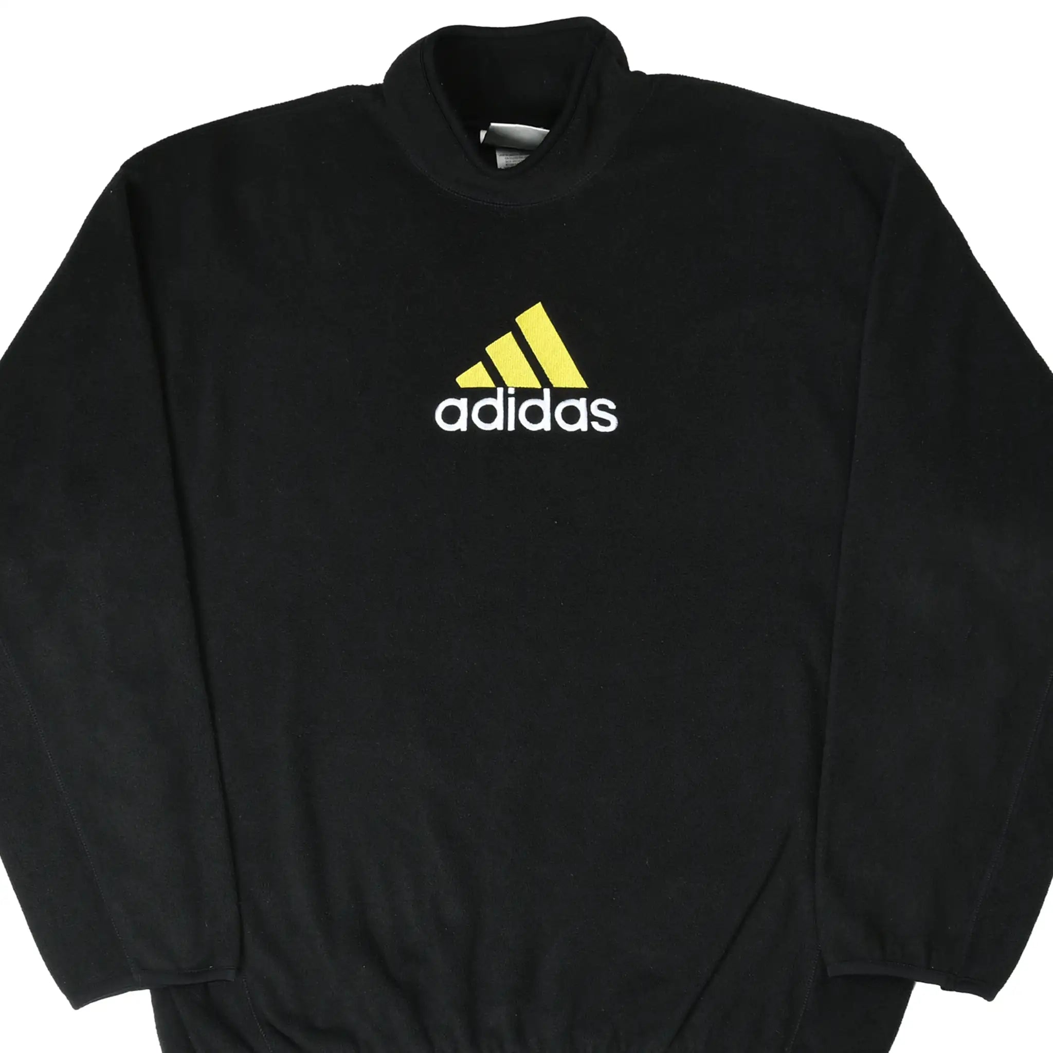 Front of black adidas fleece turtleneck sweatshirt with yellow and white chest logo