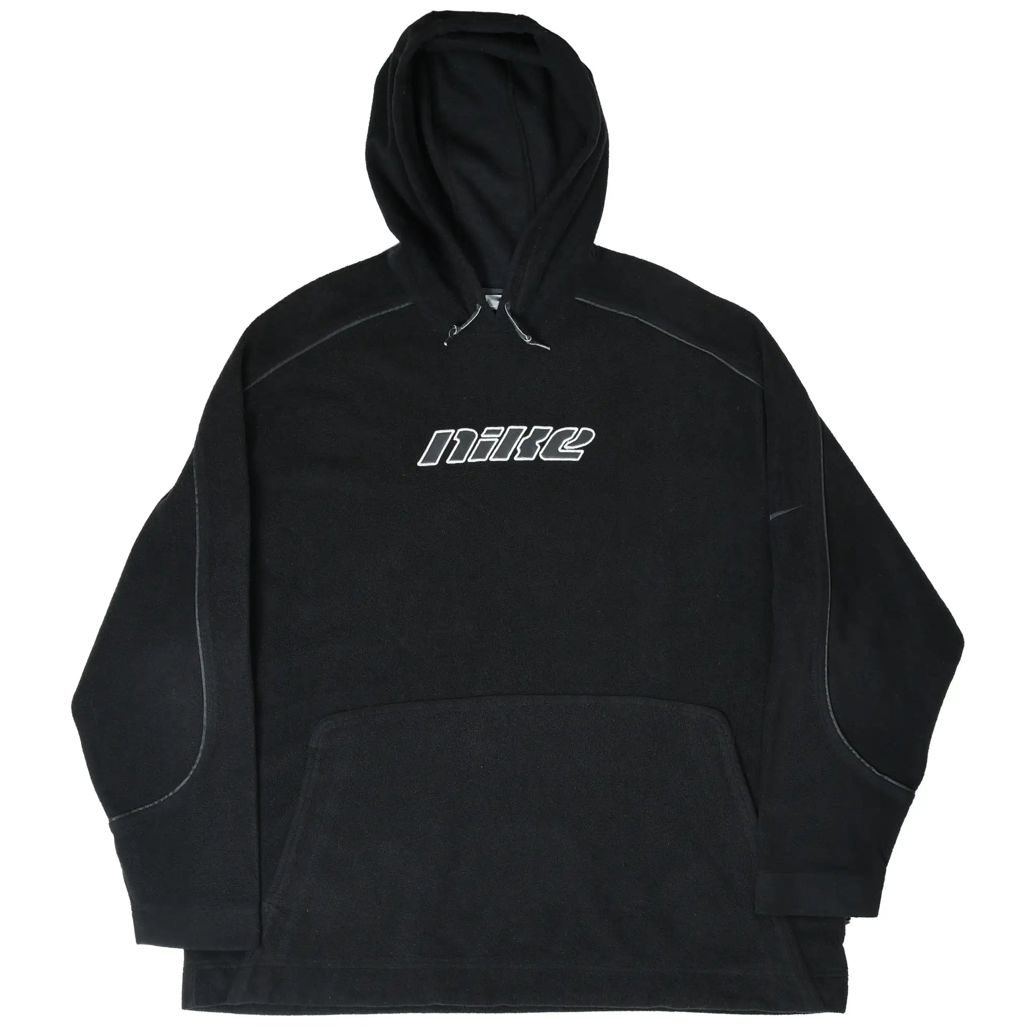 Front of black Nike fleece hoodie with hood, outlined logo, and kangaroo pocket