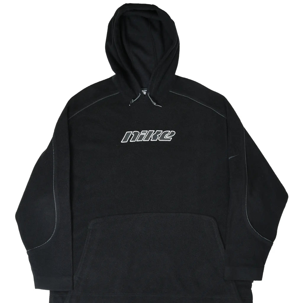 Front of black Nike fleece hoodie with outlined spellout logo and kangaroo pocket