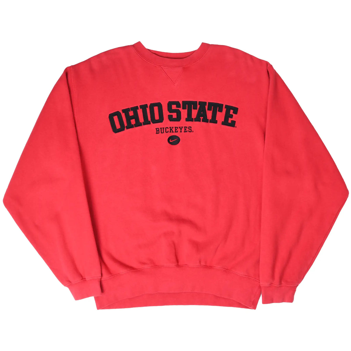 Full front view of red Nike Ohio State Buckeyes crewneck sweatshirt