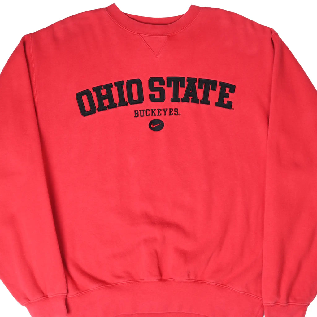 Front of red Nike Ohio State Buckeyes crewneck sweatshirt with black embroidered lettering