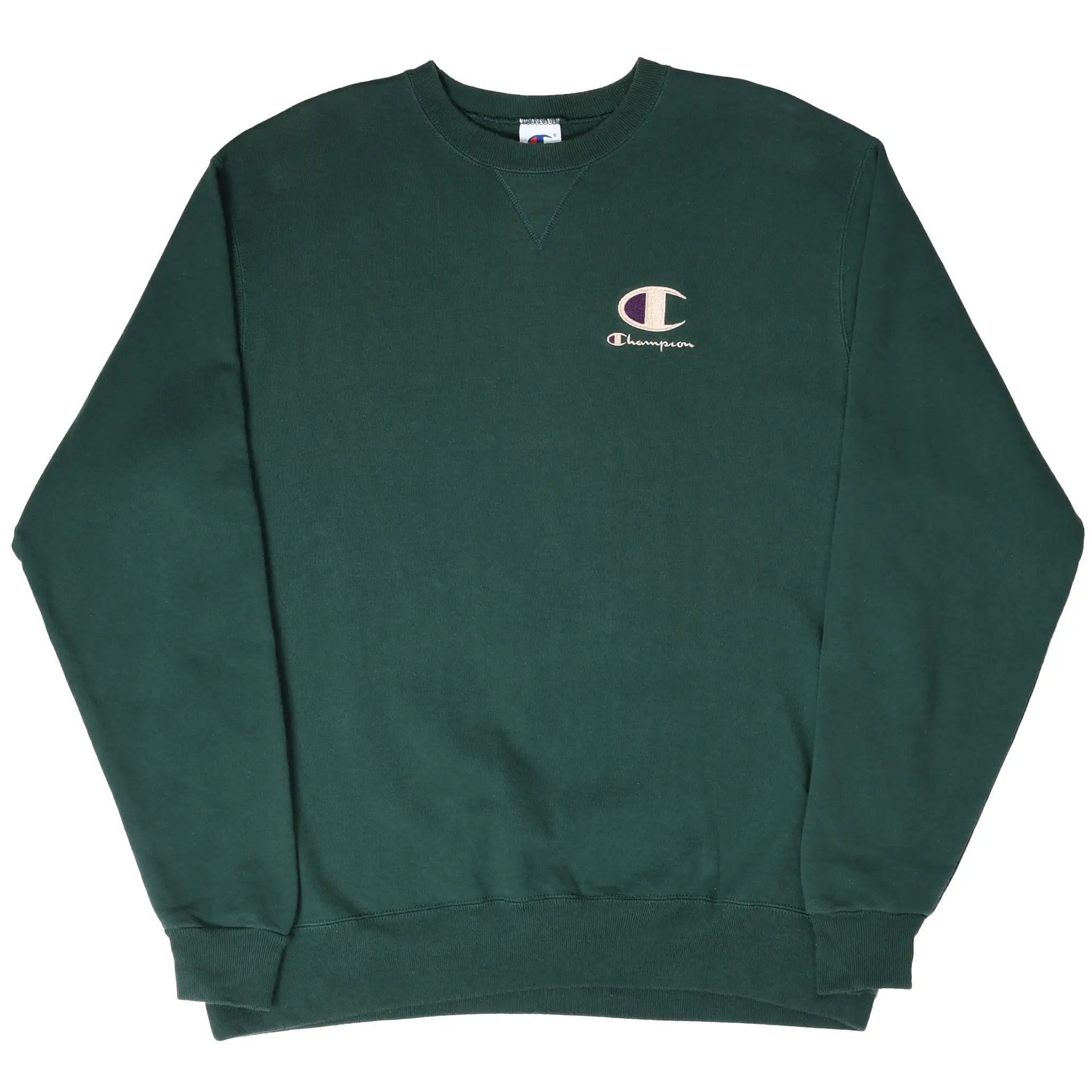 Full front of dark green Champion crewneck sweatshirt with embroidered chest logo