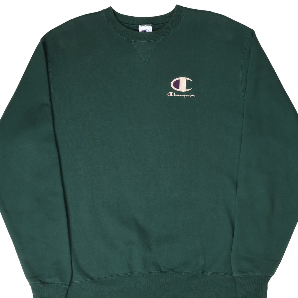 Front of dark green Champion crewneck sweatshirt with small embroidered chest logo