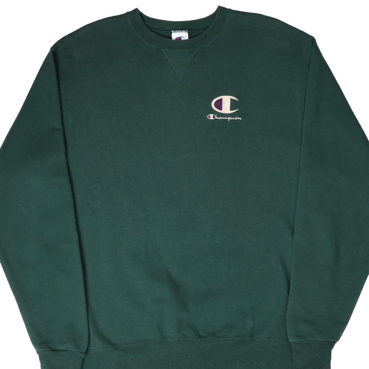 Front of dark green Champion crewneck sweatshirt with small embroidered chest logo