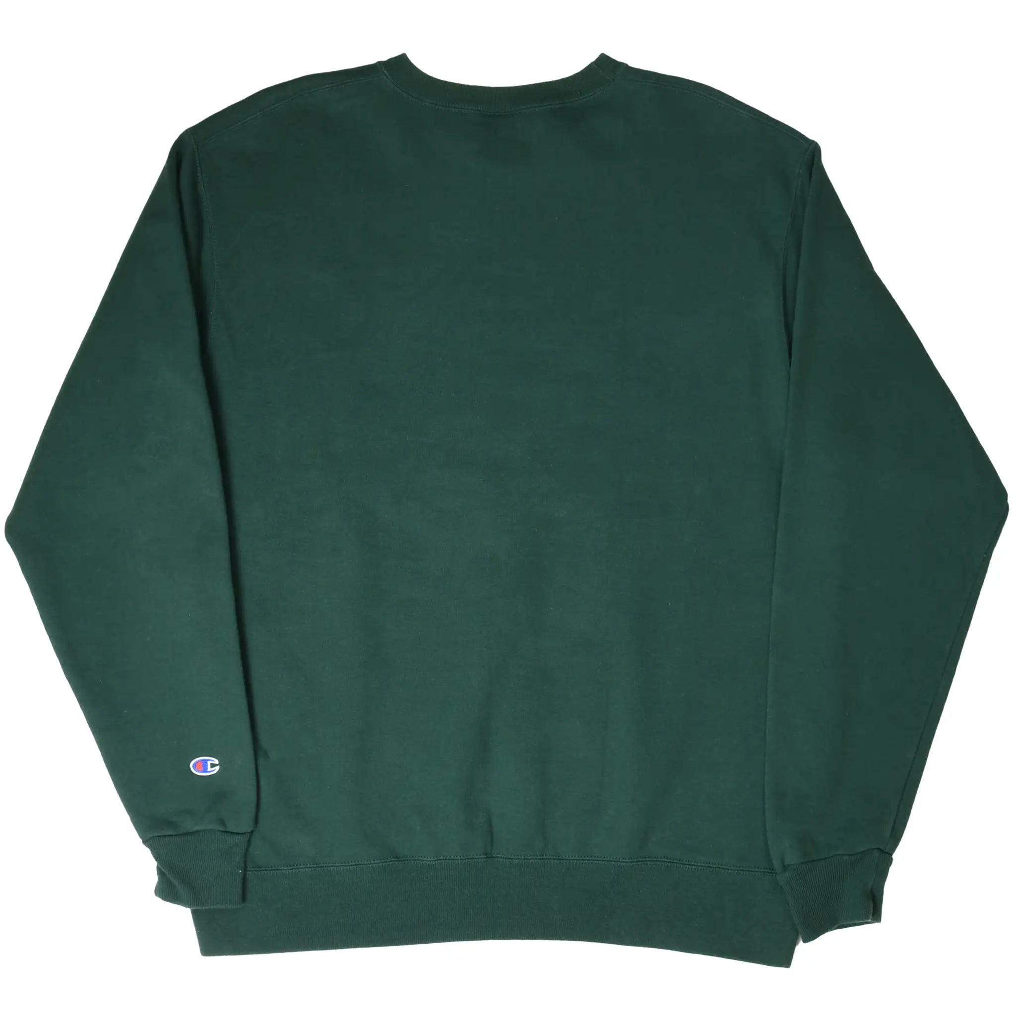 Back of dark green Champion crewneck sweatshirt with small sleeve logo