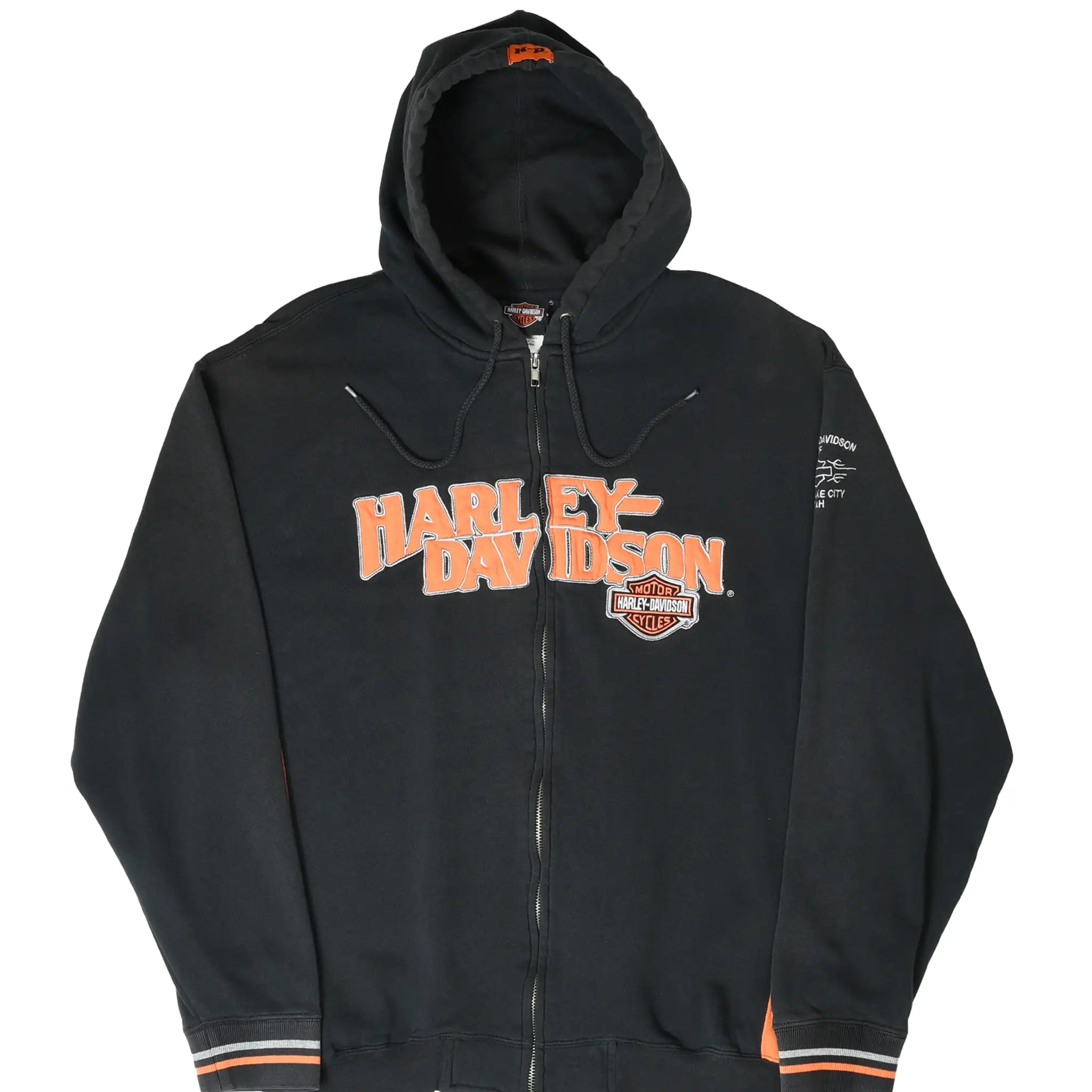Front of black Harley-Davidson full-zip hoodie with orange logo and striped cuffs