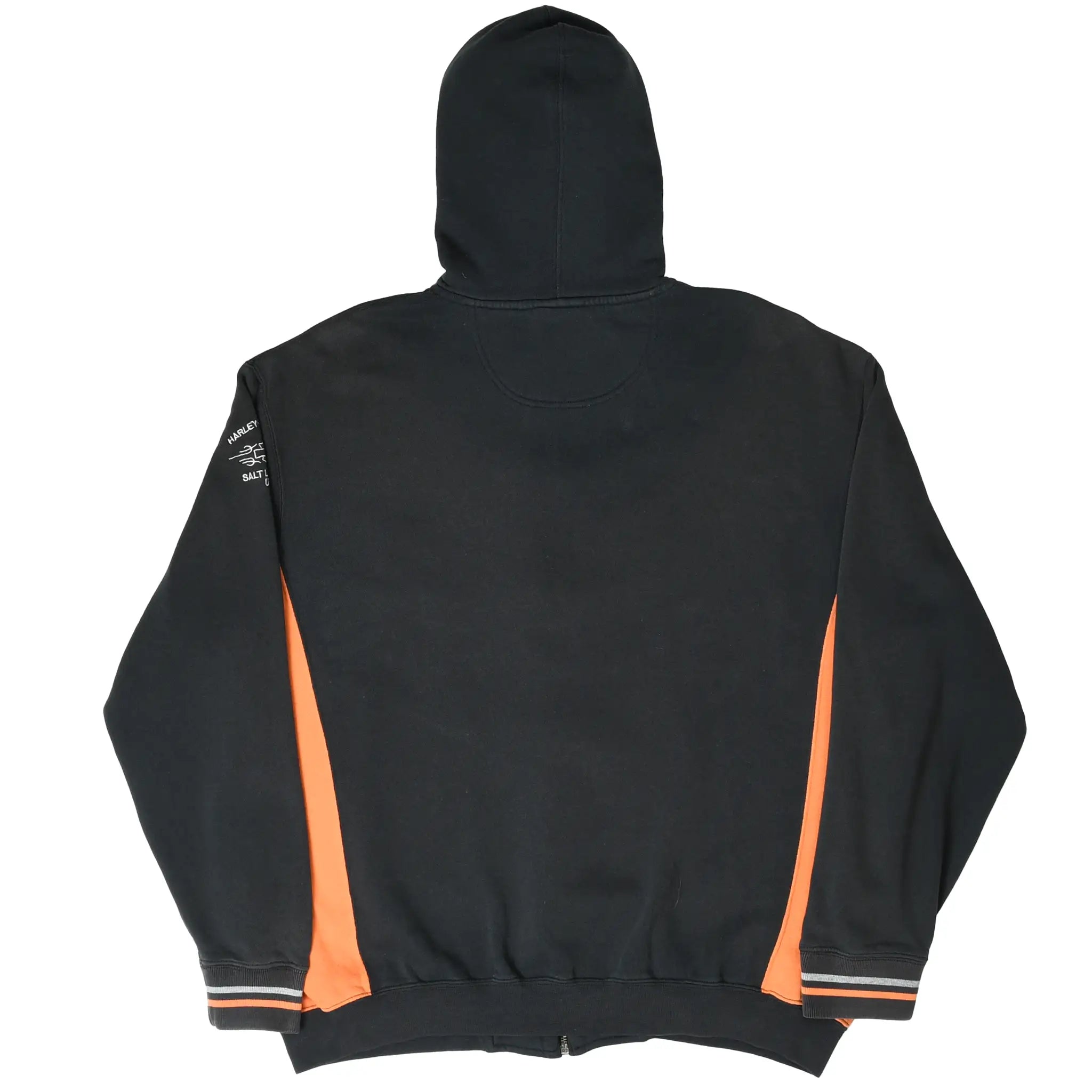 Back of black Harley-Davidson hoodie with orange side panels and striped cuffs