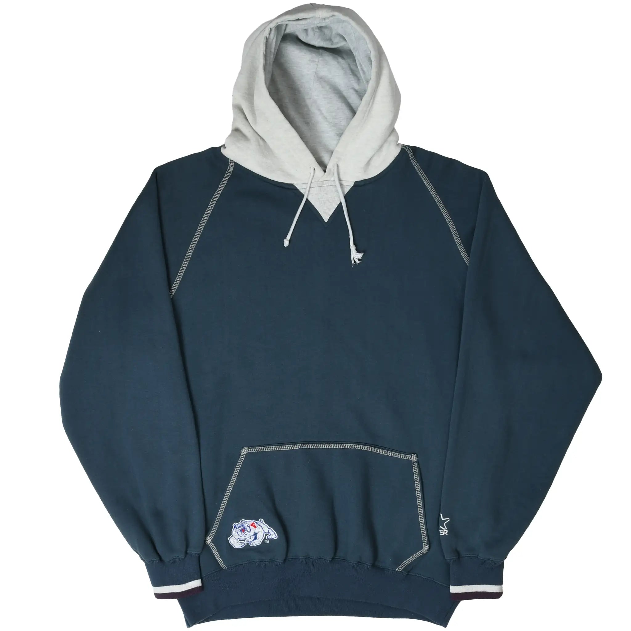 Front of navy Fresno State Bulldogs hoodie with gray hood, kangaroo pocket, and striped cuffs