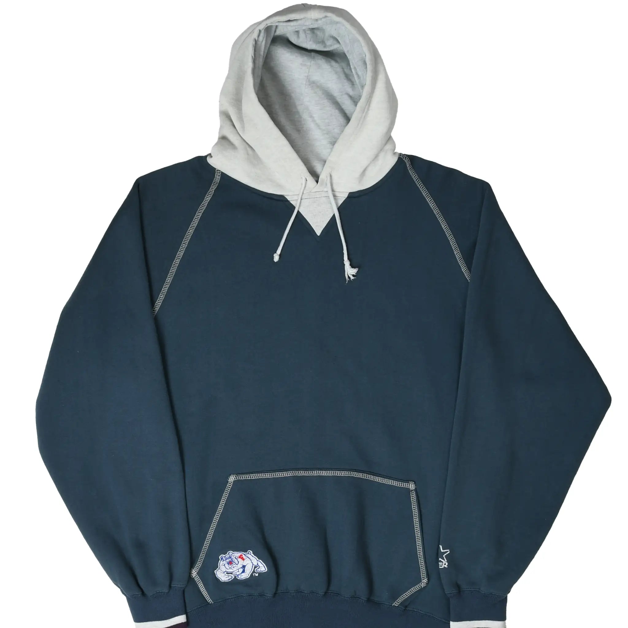 Front of navy Fresno State Bulldogs Starter hoodie with gray hood and embroidered pocket logo