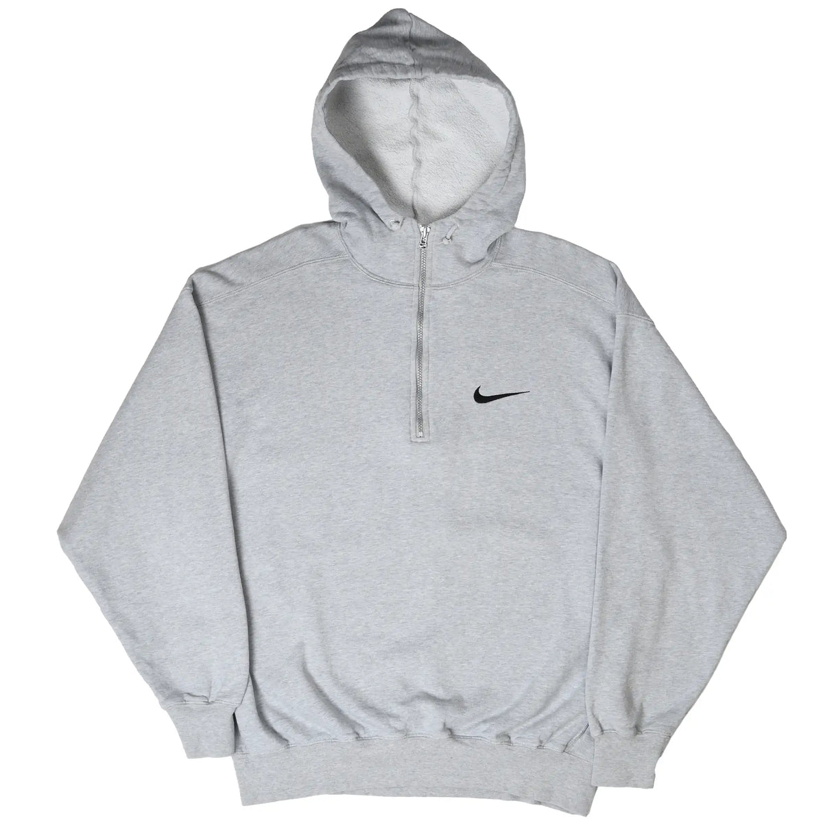 Front of grey Nike quarter-zip hoodie with black Swoosh embroidery on chest