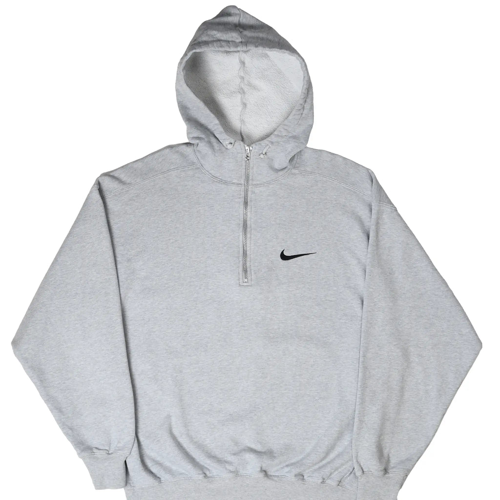 Front of grey Nike quarter-zip hoodie with open hood and black Swoosh embroidery