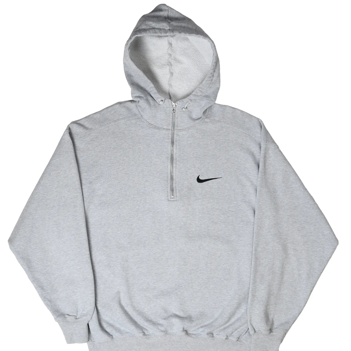 Front of grey Nike quarter-zip hoodie with open hood and black Swoosh embroidery