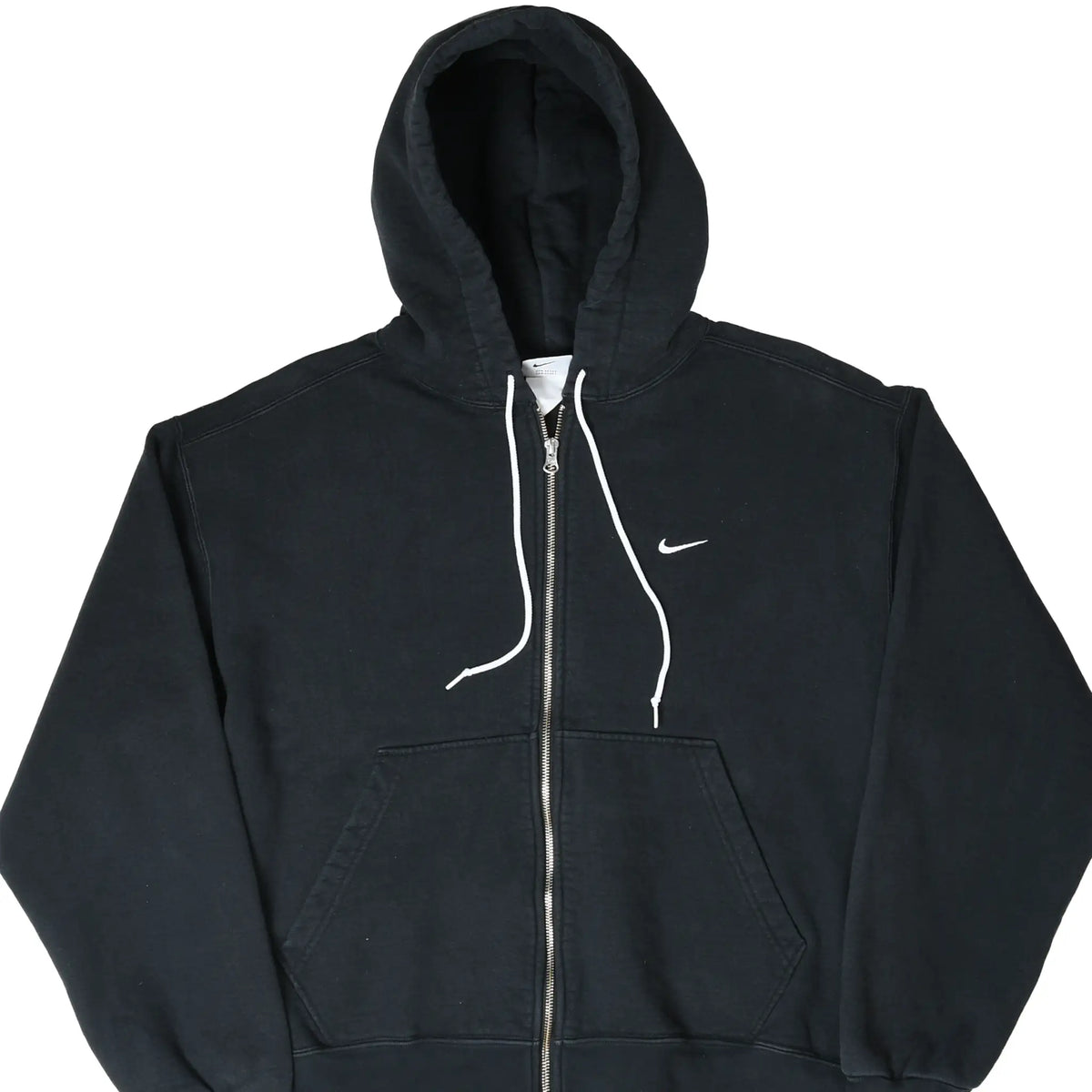 Front of black Nike full-zip hoodie with white Swoosh embroidery, drawstrings, and split kangaroo pocket