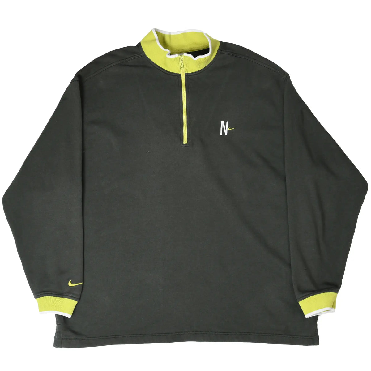 Full front of dark green Nike quarter-zip sweatshirt with lime zipper, collar, and cuffs