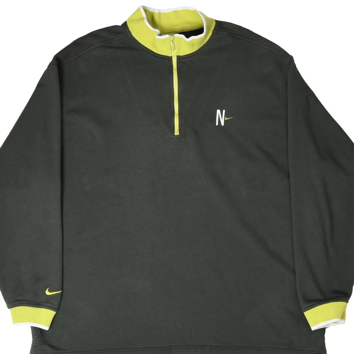 Front of dark green Nike quarter-zip sweatshirt with lime trim and embroidered chest logo
