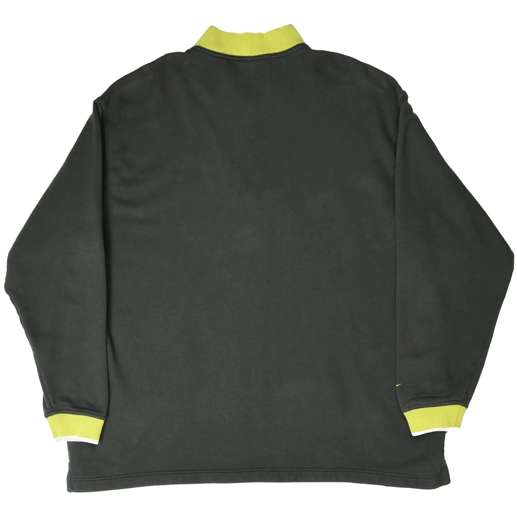 Back of dark green Nike quarter-zip sweatshirt with lime collar and cuffs