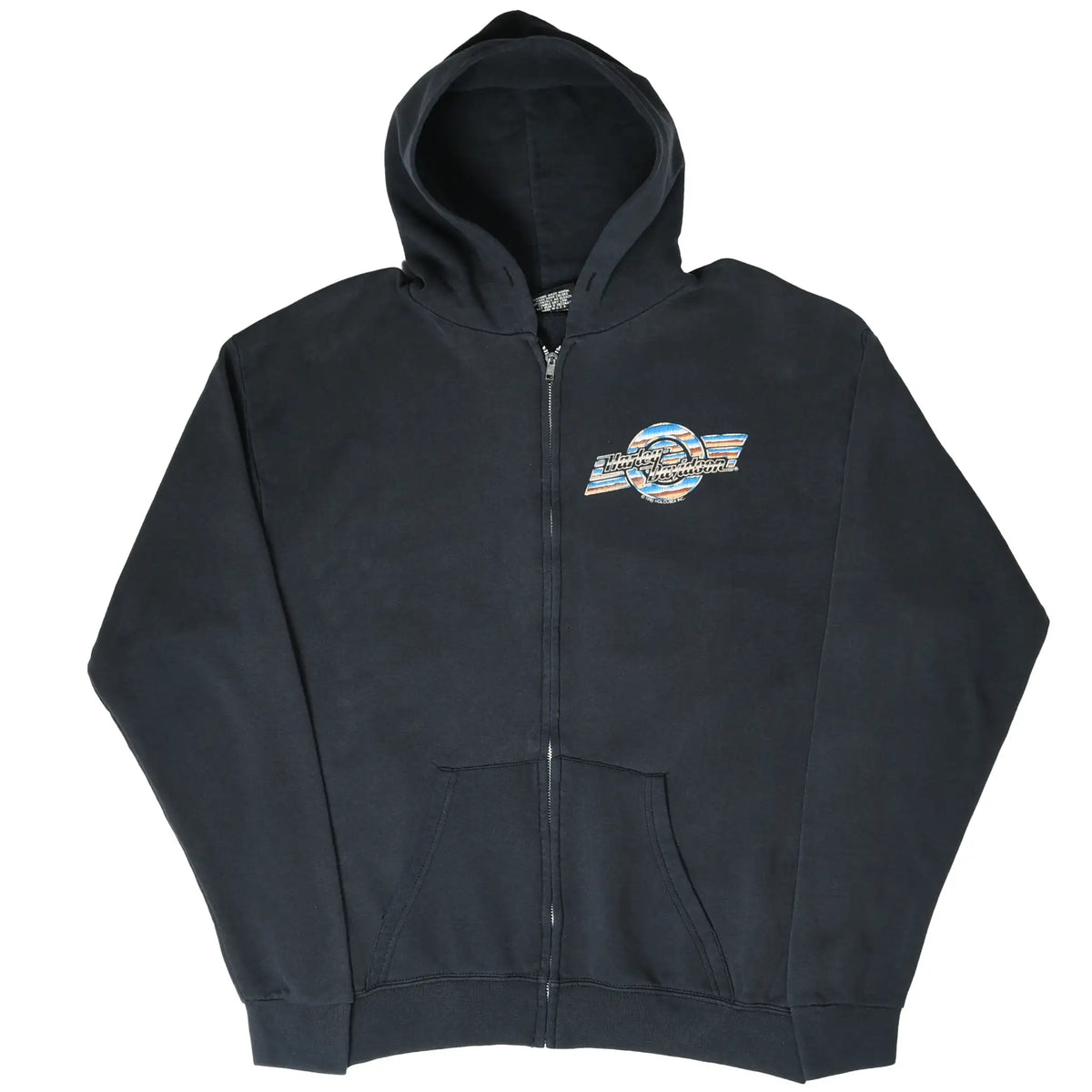 Full front view of black Harley-Davidson zip hoodie with chest logo and split pouch pockets