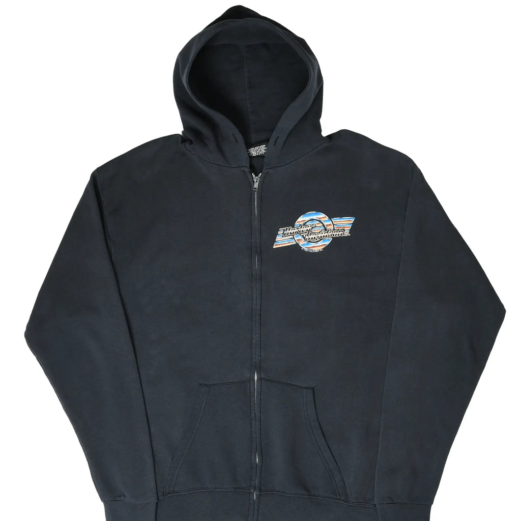 Front of black Harley-Davidson zip hoodie with small blue, orange and white chest graphic
