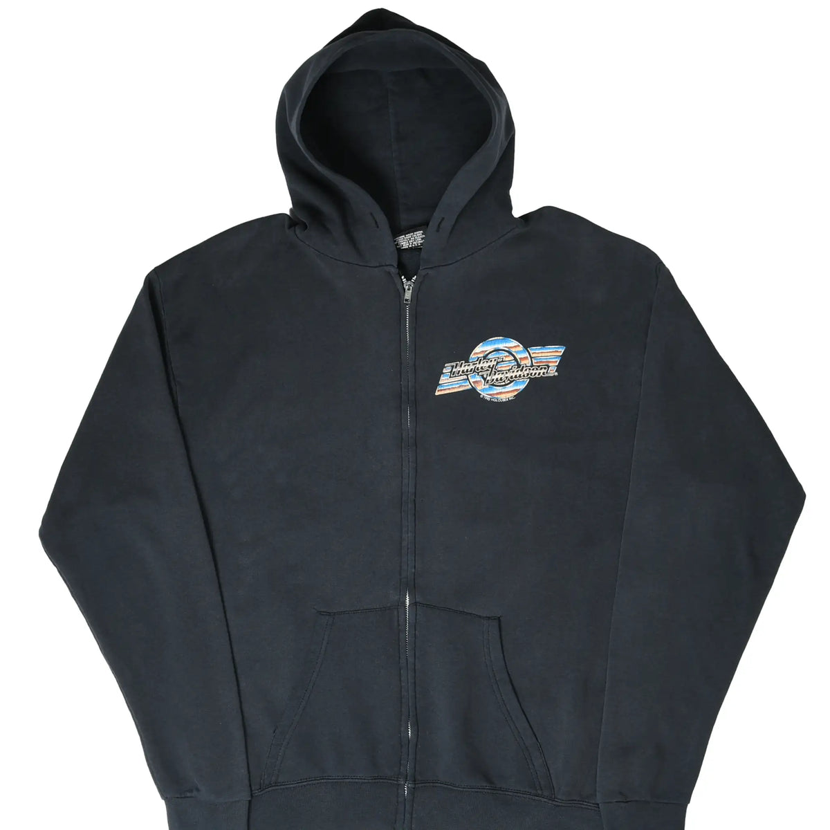 Front of black Harley-Davidson zip hoodie with small blue, orange and white chest graphic