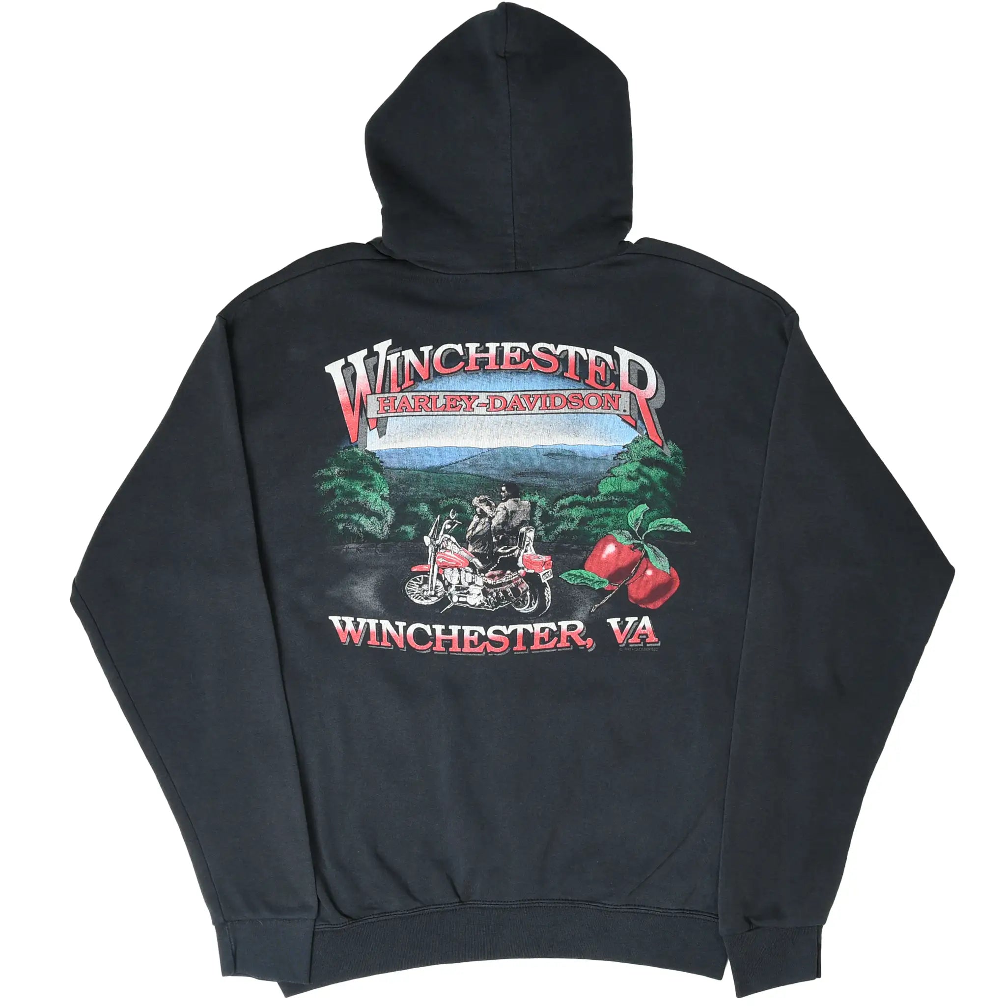 Back of black Harley-Davidson hoodie with Winchester, Virginia motorcycle and apple graphic
