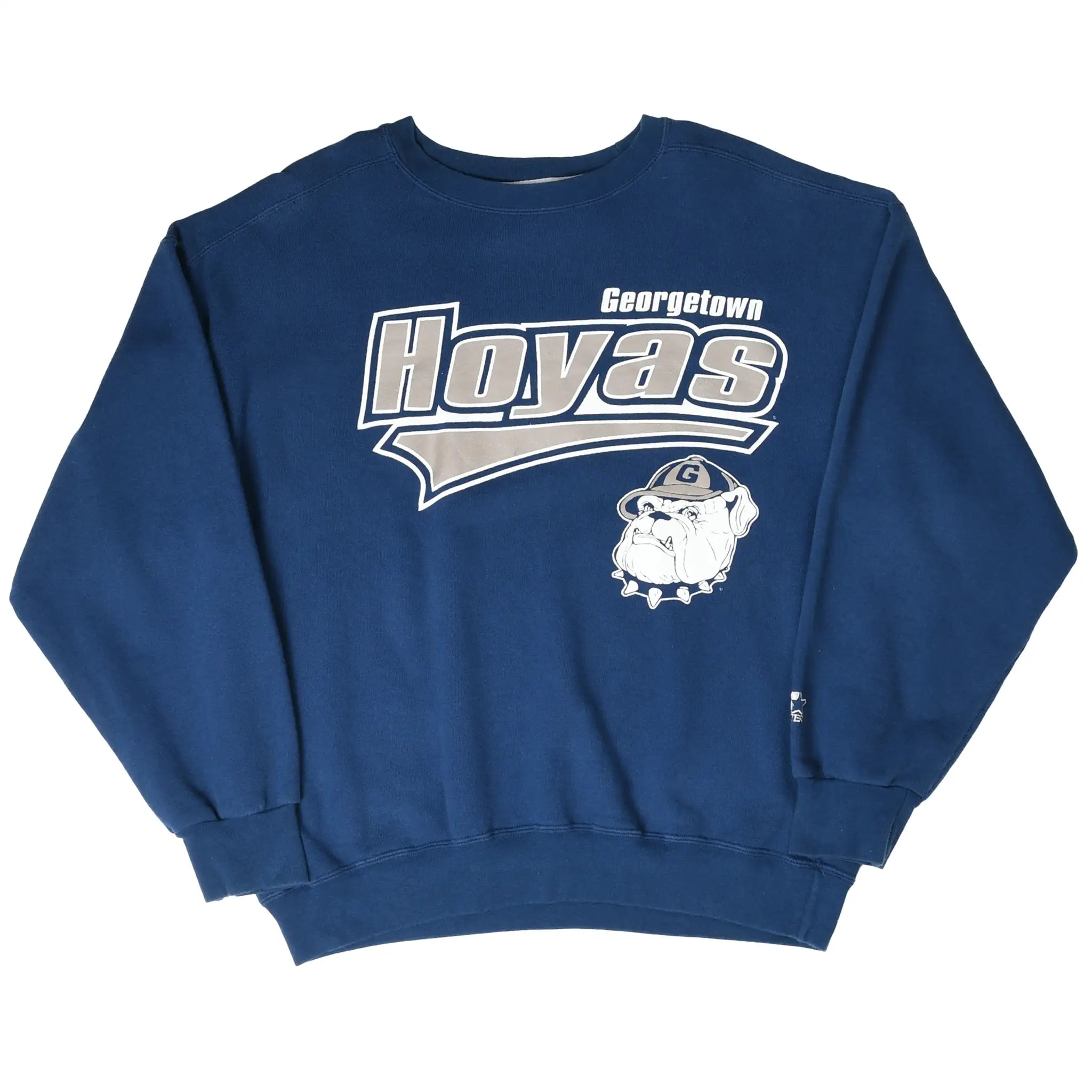 Full front view of navy Georgetown Hoyas sweatshirt with gray lettering and bulldog mascot