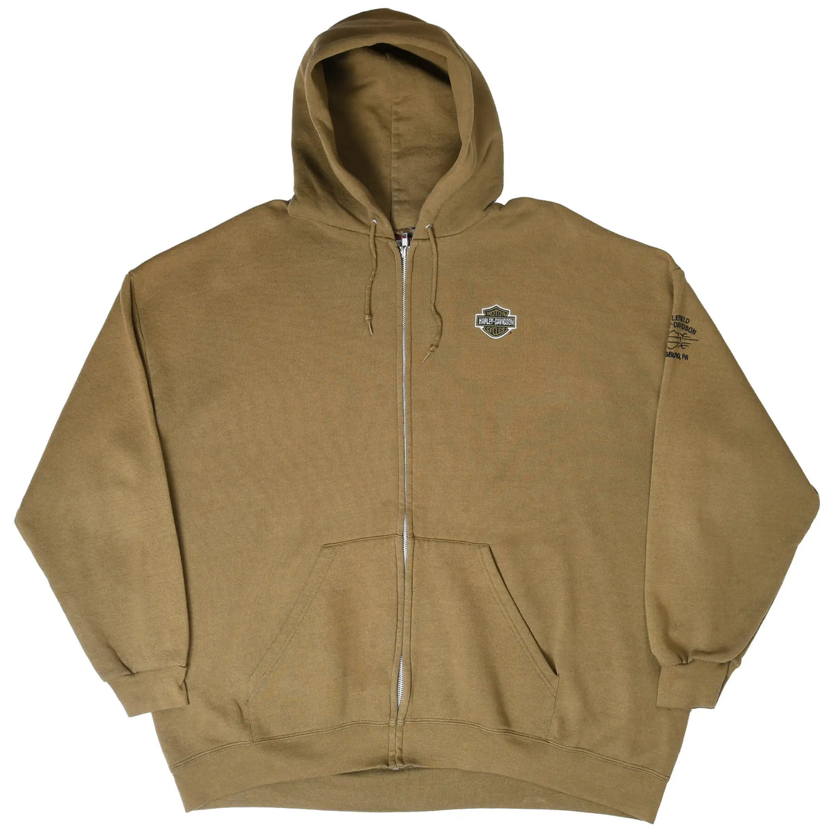 Front view of khaki green Harley-Davidson zip hoodie with hood, pockets, and embroidered chest logo