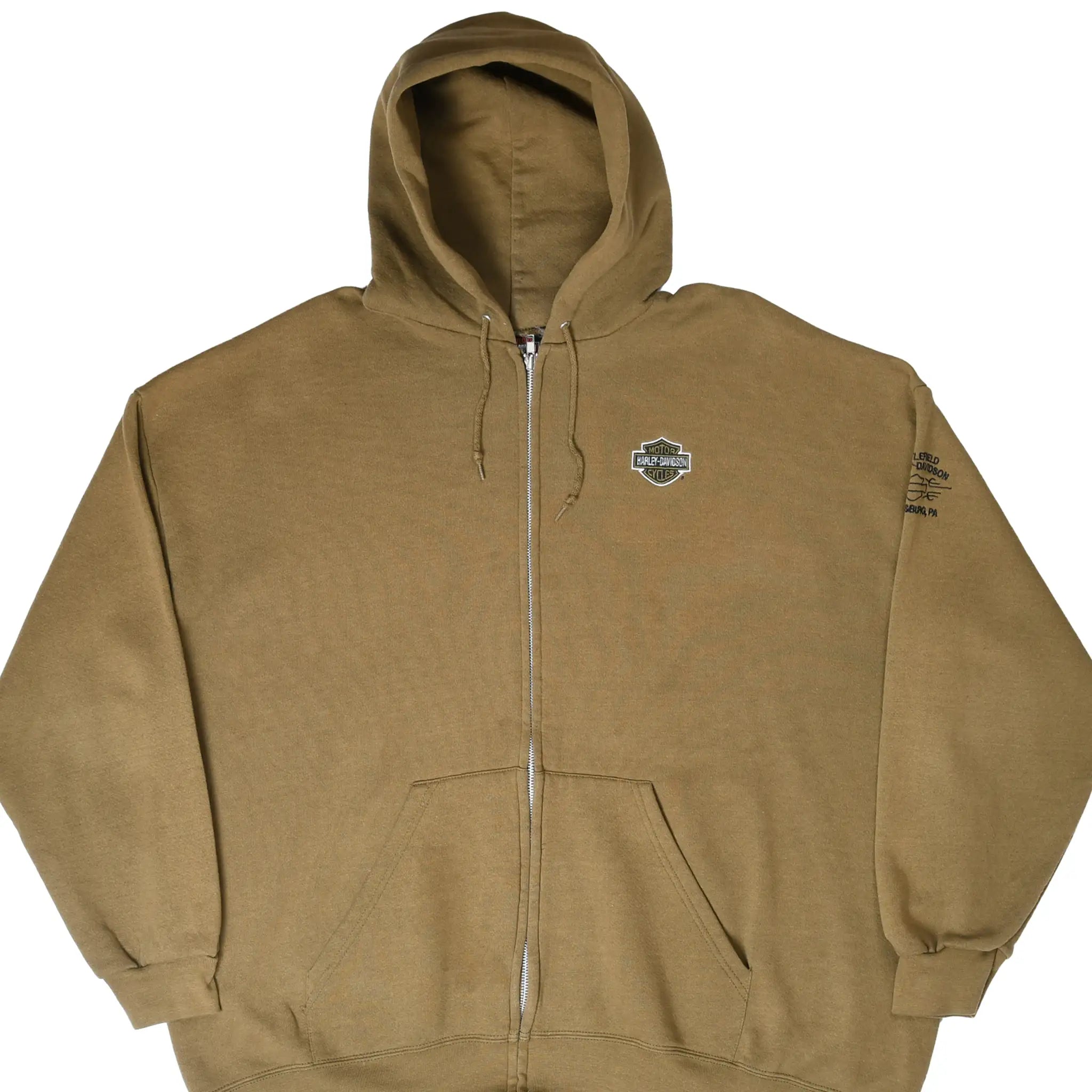 Front of khaki green Harley-Davidson full-zip hoodie with chest embroidery and sleeve detail